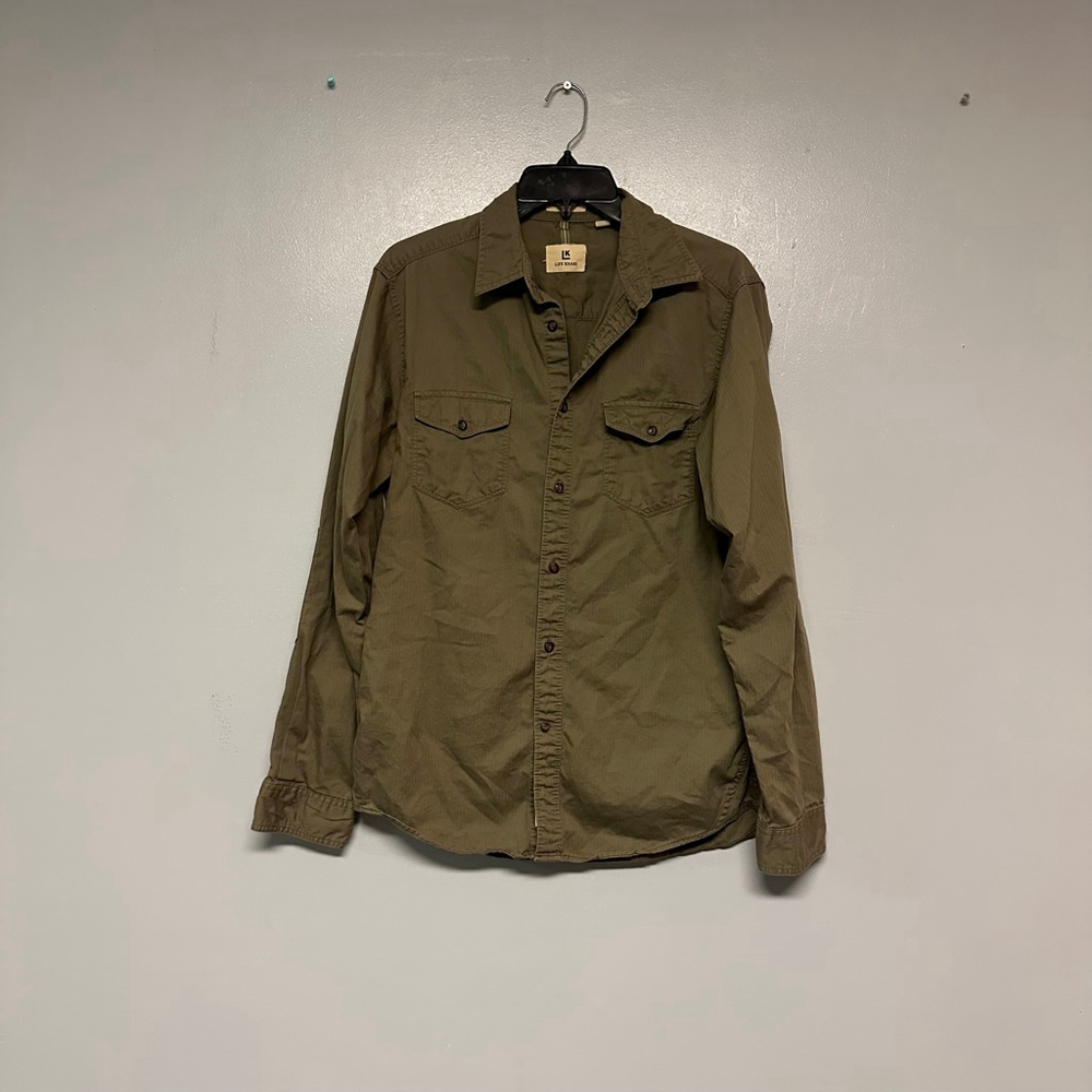 Life Khaki sim fit Casual Button Down Shirt mens Medium Olive Green front pocket
